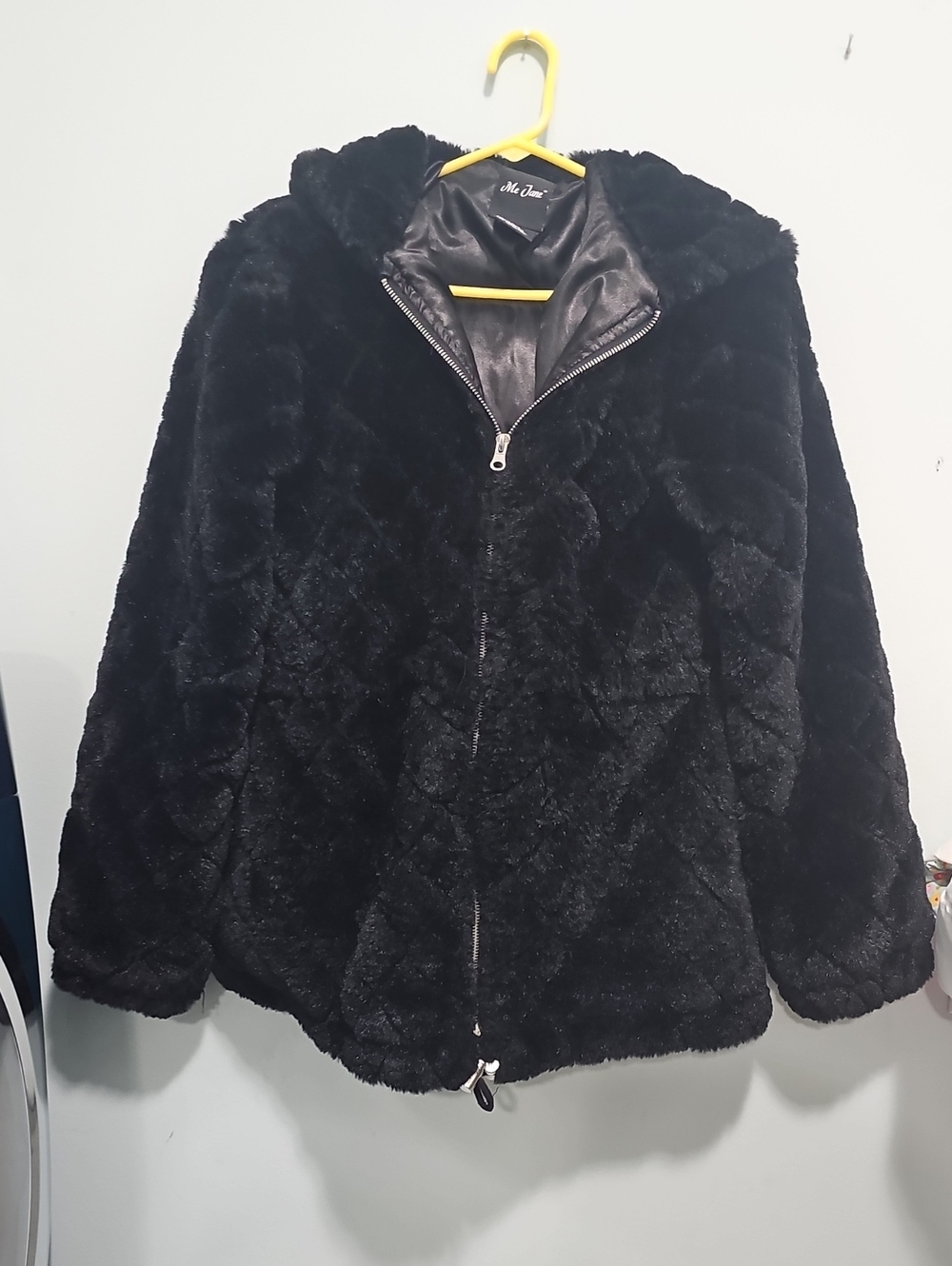 Women's Me Jane Plush Black Faux Fur Hooded Zip Jacket Size Medium New
